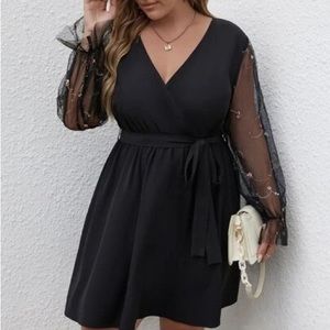 Embroidery Mesh Flounce Sleeve Belted Dress